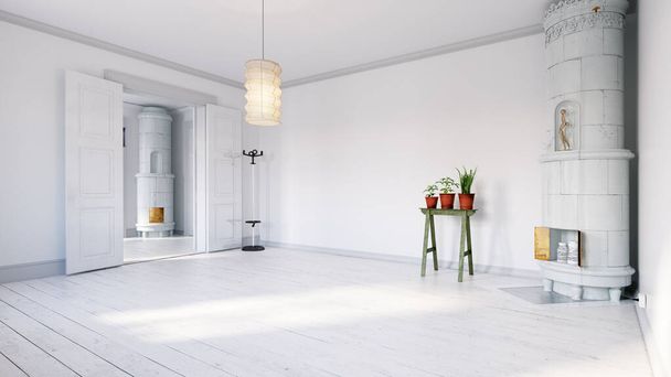 Scandinave appartement vide intérieur sans meubles avec grand mur et paysage dans la fenêtre. Intérieur nordique. Illustration 3D
 - Photo, image