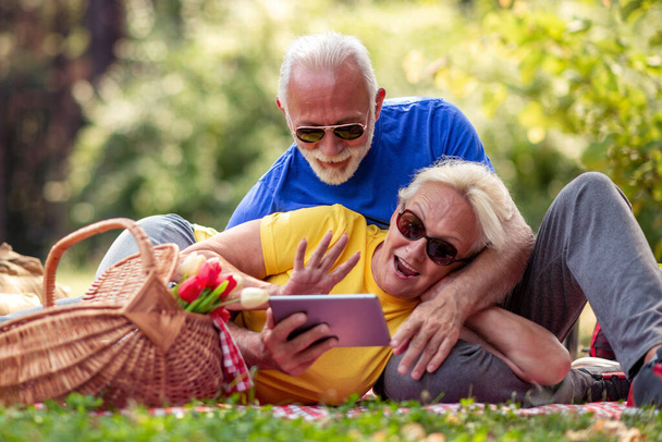 Знімок щасливої старшої пари, що має пікнік у парку
.  - Фото, зображення