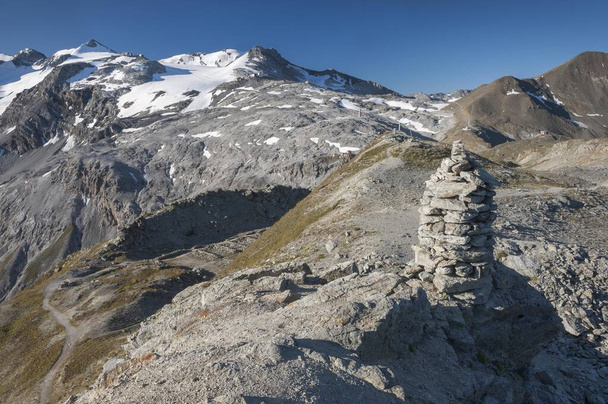 Stelvio Pass, 2757 m, Panorama Ridge Trail or Goldsee Trail with emplacements from the First World War, at the back the summer skiing region on Monte Livrio, Stelvio National Park, South Tyrol and Lombardy, Italy, Europe - Photo, Image