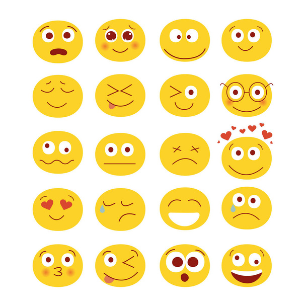 Moderne Vektorillustration von niedlichen lustigen Emoticons. Emoji-Set. Set für soziale Netzwerke, Messenger und Chats. Verschiedene Lächeln mit Lachküssen überraschen Liebe und Traurigkeit - Vektor, Bild