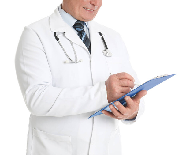 Senior doctor with clipboard on white background, closeup - Fotoğraf, Görsel