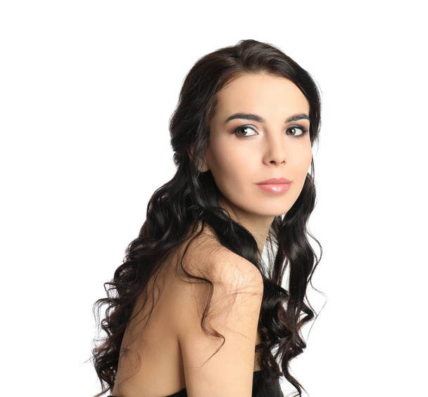 Portrait of beautiful woman with long hair on white background - Foto, immagini