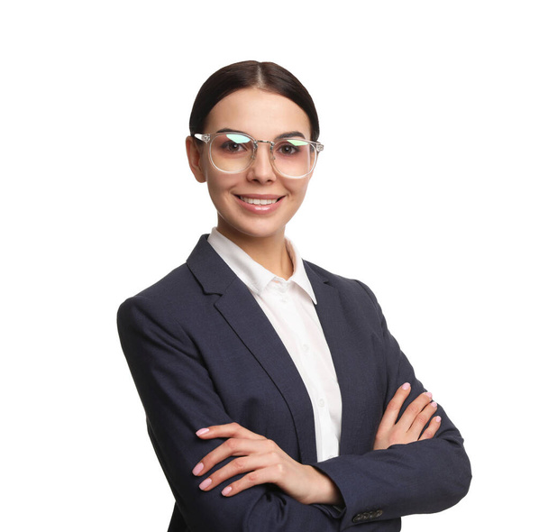 Portrait of young businesswoman on white background - Foto, imagen