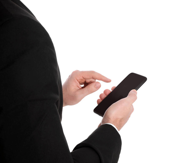 Businessman with smartphone on white background, closeup - Foto, Imagem