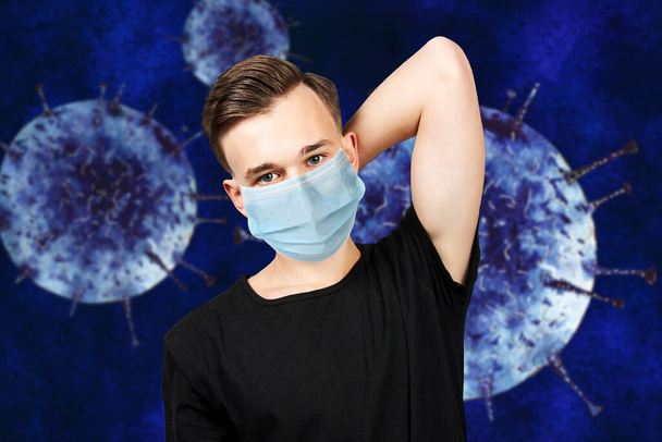 Sick guy looking at the camera with a surprised medical mask. Virus protection during influenza epidemic. corona virus. - Foto, Bild