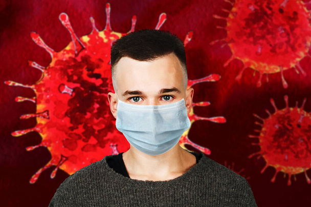 Sick guy looking at the camera with a surprised medical mask. Virus protection during influenza epidemic. corona virus. - Photo, Image