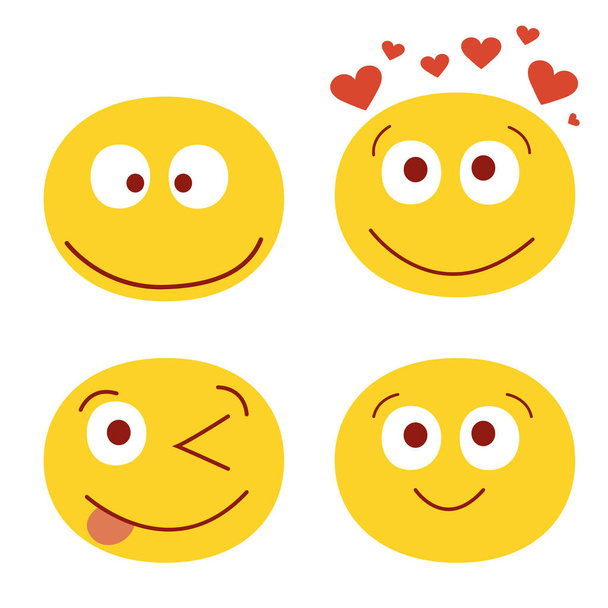 Moderní vektorová ilustrace sady roztomilých legračních emotikonů. Emé set. Připraven na sociální sítě, posly a rozhovory. Různé úsměvy se smíchem polibky překvapit lásku a smutek - Vektor, obrázek