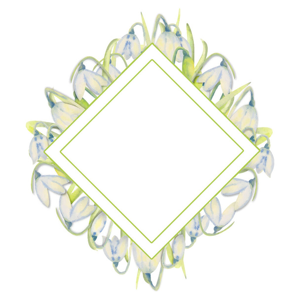 Romantic spring frame with snowdrops on the outer edge on a white isolated background. Diamond-shaped frames. Watercolor painting. Vector - Vektör, Görsel