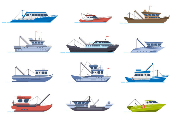 Fisherman boats. Fishing commercial ships, fisher sea boat for ocean water, shipping seafood industry boat isolated vector illustration set - Vector, Image