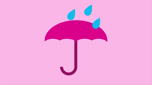 薄いピンクの背景に隔離されたピンクの傘に降る雨。傘の上に3滴落下し、繰り返します。イラストやアニメーション映像。気象・気象の概念 - 映像、動画