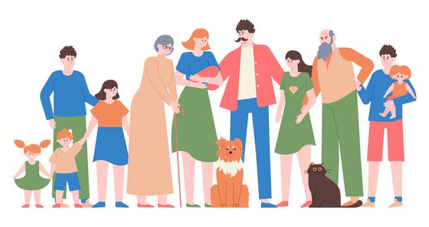 Family portrait. Mom, dad, teenage daughter and son, happy family with children, different generations characters vector isolated illustration - Vector, Image