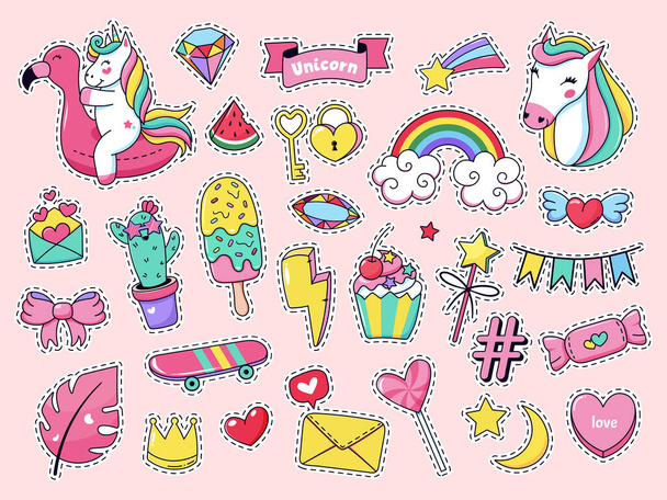 Lindas insignias. Parches de garabatos de moda mágica, unicornio de arco iris rosa de cuento de hadas, helado y dulces aislados vector icono de ilustración conjunto
 - Vector, imagen