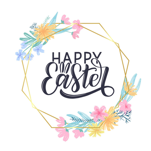 Happy easter hand drawn text as greeting card, poster, banner, social media post. Festive design with hand drawn flower frame. Easter vector concept. - Vector, Image