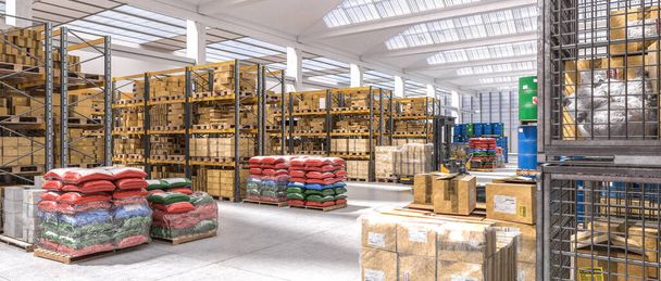 industrial warehouse with shelves full of different goods. forklifts at work. nobody around. logistics and shipping industry concept. 3d render. - Photo, Image