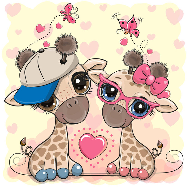 Dois Girafas de desenhos animados bonitos em um boné e óculos em um fundo de corações
 - Vetor, Imagem