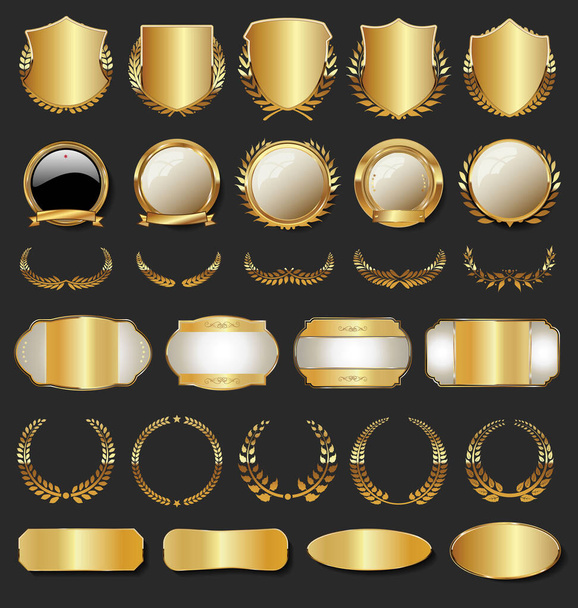 Collection of Golden badges labels laurels shield and metal plates - Вектор, зображення