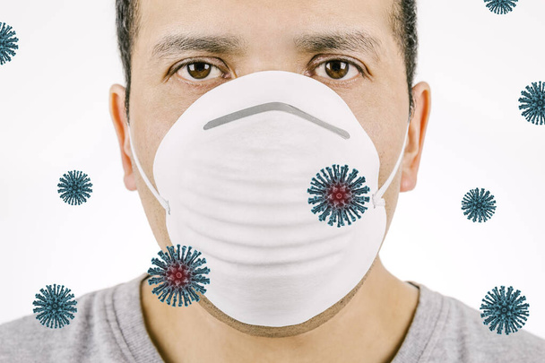 Man met masker die zichzelf beschermt tegen een besmetting van een virus zoals het coronavirus. Witte achtergrond. Geneeskunde en gezondheidszorg. - Foto, afbeelding