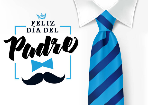 Лучший папа в мире - лучший папа в мире - испанский язык. Счастливый отцовский день - Feliz dia del Padre - цитаты. Поздравительная открытка, вектор продаж. Мужская рубашка и синий галстук с текстом, короной и усами
 - Вектор,изображение