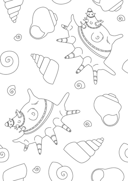 Seamless pattern or coloring page with outline shell or snail shell on a white background for printing. Linear stock vector illustration with sea animal shell on the ocean floor - Vetor, Imagem