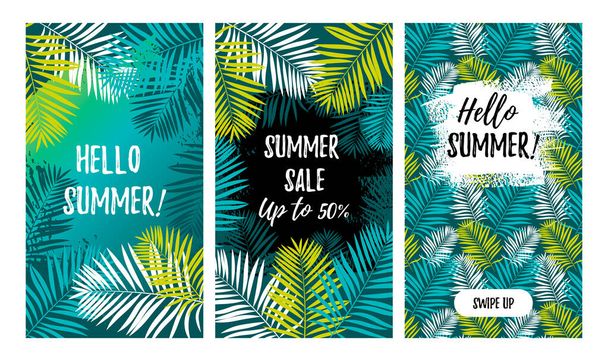Set von Sommer-Design-Vorlagen für Social-Media-Geschichten mit tropischen Blättern. Exotischer Rahmen mit Platz für Text - Vektor, Bild