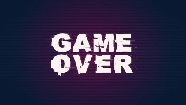 Game over with glitch effect. Colorful interference in VHS. Animation noise with moire artifacts flickers on screen. Text in video game with colorful interference. Retro screen in pixel art style. - Footage, Video