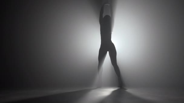 Silhouette der schönen Tänzerin auf rauchig dunklem Hintergrund. Scheinwerfer leuchtet zurück gegen sexy Mädchen. sie bewegt sich verführerisch. - Filmmaterial, Video