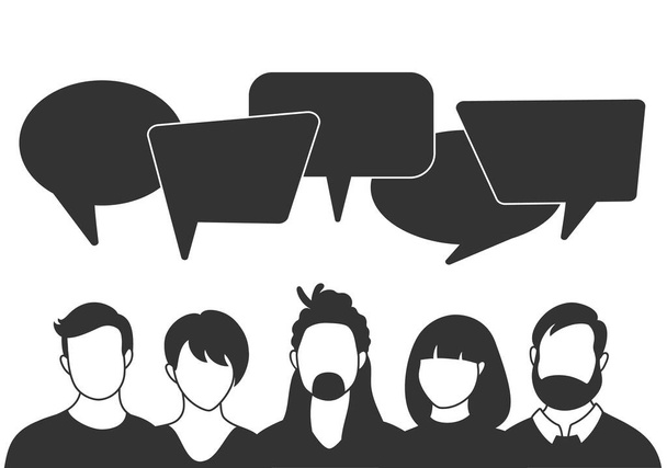 People avatars with speach bubbles. Men and woman communication, talking llustration. Coworkers, team, thinking, question, idea, brainstorm concept. - Vector, Image