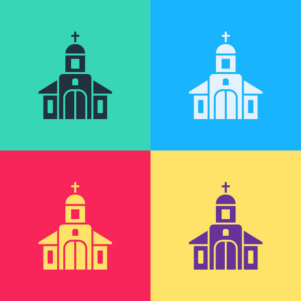 Pop art icono de construcción de la iglesia aislado en el fondo de color. Iglesia Cristiana. Religión de la iglesia. Ilustración vectorial
 - Vector, Imagen