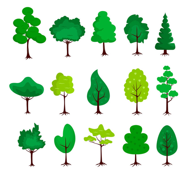 Gran conjunto de iconos de árboles en un diseño plano sobre un fondo blanco
 - Vector, imagen
