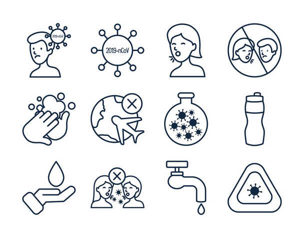 Conjunto de ícones de símbolo de vírus e covid 19 conceito, estilo de linha
 - Vetor, Imagem
