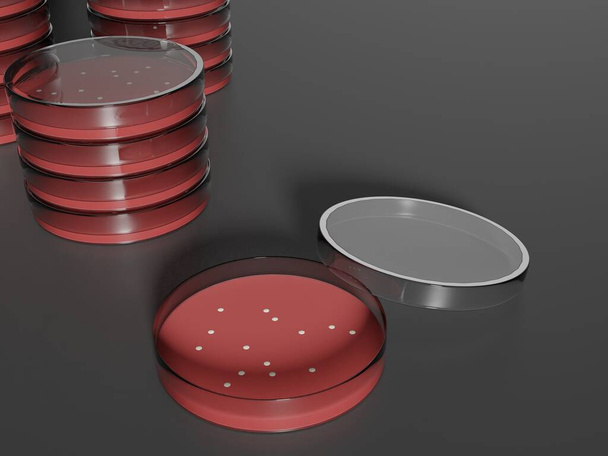 ペトリ皿はコロニーといくつかのプレートが横に積層で開かれた。赤寒気。3Dデザイン。研究室・研究コンセプト. - 写真・画像