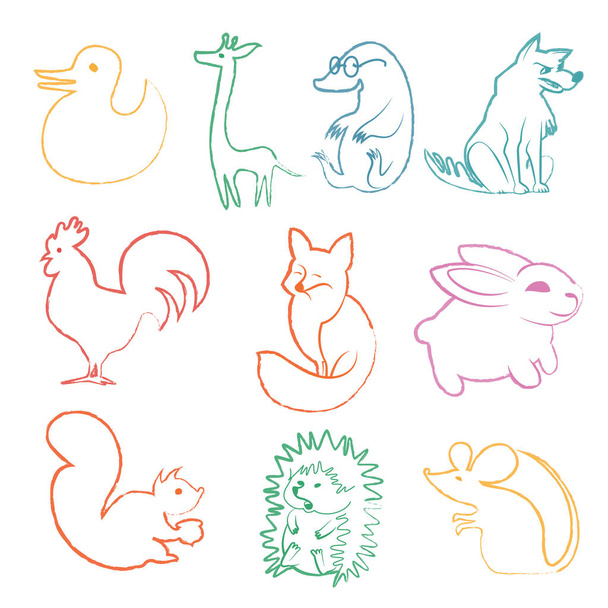 Vector set of funny cartoon animals. Linear drawing animals Collection. Cute happy duck fox hen mouse hare squirrel - Vector, Imagen