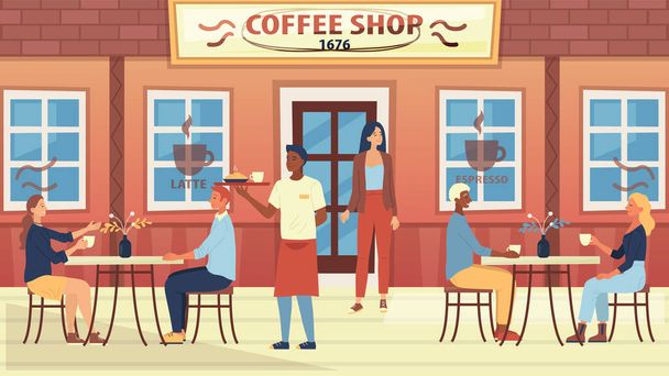 コーヒーショップのコンセプト。人々は居心地の良いアーバンカフェとドリンクコーヒーに座っています。ウェイターが注文を持ち込みます。キャラクターはコミュニケーションをとって楽しい時間を過ごしています。漫画のフラットスタイル。ベクターイラスト - ベクター画像