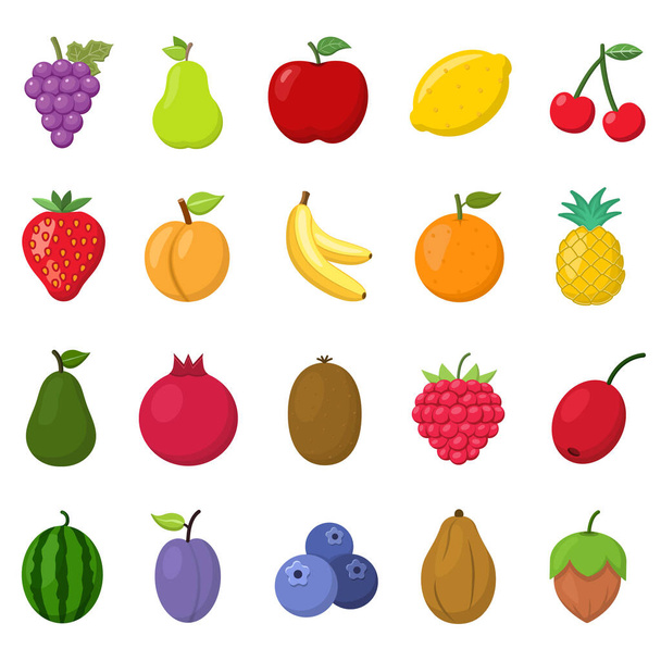 Fruits vector icons set on white background. Contains icons as Strawberry, Orange, Watermelon, Apple, Strawberry and more. - Vector, Image