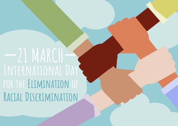 21. März, Internationaler Tag zur Beseitigung der Rassendiskriminierung. Vektorflache Illustration stoppt Rassismus. Hände mit unterschiedlichen Hauttönen. Zusammenarbeit verschiedener Rassen. - Vektor, Bild