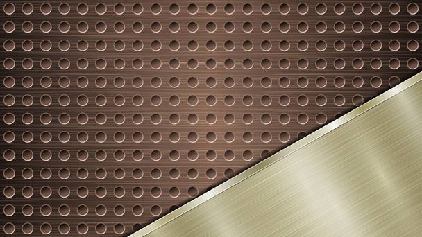 Fondo de superficie metálica perforada de bronce con agujeros y placa pulida dorada en ángulo con textura metálica, reflejos y bordes brillantes
 - Vector, Imagen