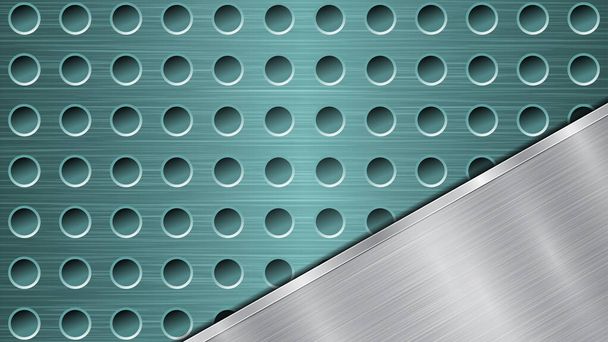 Fondo de superficie metálica perforada de color azul claro con agujeros y placa pulida en ángulo plateado con textura metálica, reflejos y bordes brillantes
 - Vector, imagen