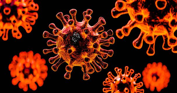 Imagem da célula do vírus da gripe COVID-19 sob o microscópio sobre o sangue.Coronavirus Covid-19 surto de gripe fundo. 3D Render fundo
. - Foto, Imagem
