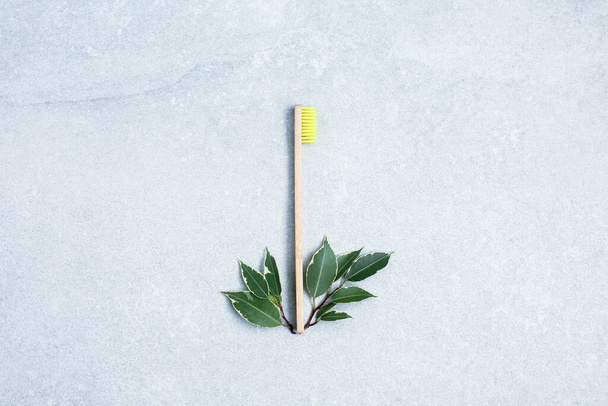 Escovas de dentes de bambu naturais ecológicas com folhas verdes
 - Foto, Imagem