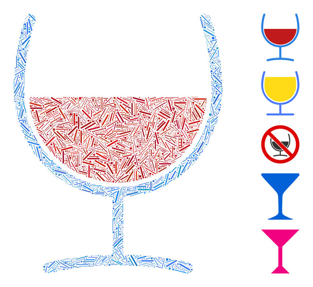 Γραμμικό ψηφιδωτό με βάση το κόκκινο ποτήρι κρασί εικονίδιο. Ψηφιδωτό διάνυσμα κόκκινο ποτήρι κρασιού σχηματίζεται με διάσπαρτα στοιχεία γραμμής. Προστίθενται εικονίδια μπόνους. - Διάνυσμα, εικόνα