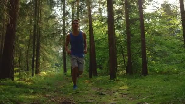 SLOW MOTION: Atleta maschile spensierato che corre attraverso la scenografica foresta illuminata dal sole
. - Filmati, video