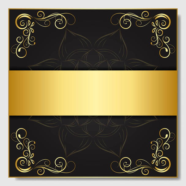 ヴィンテージ花の装飾の境界線、手描きの装飾要素、黒の背景を持つ金の花のフレームのベクトルイラスト、ページ装飾カード、結婚式、バナーのためのレトロデザインテンプレート - ベクター画像