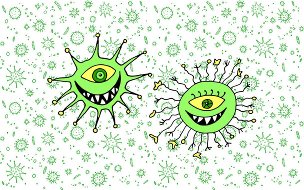 Ilustracja postaci z kreskówki. Mikroskopijny patogen z ikoną postaci. Kontekst i faktura. - Zdjęcie, obraz
