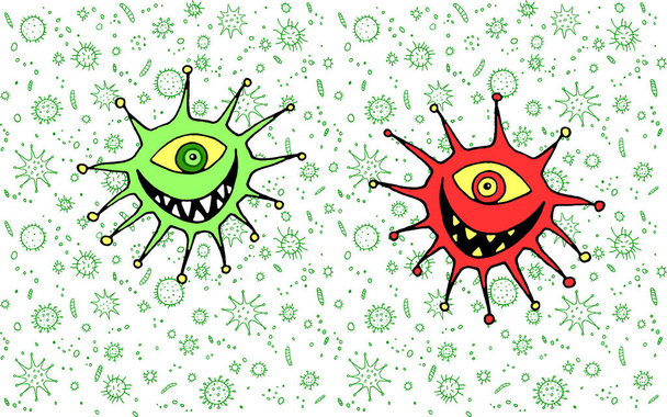 Charakteristika kresleného viru. Charakteristická ikona monster microbe patogen. Pozadí a textura. - Fotografie, Obrázek