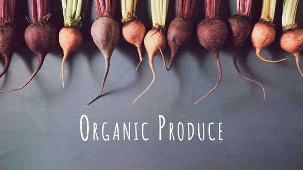 Смесь красной и золотой свеклы на сером фоне с органическими продуктами. Питание. Концепция здорового питания
 - Фото, изображение