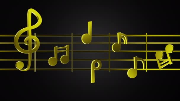 3D złota nuta muzyczna na linii muzycznej w czarnym tle. Koncepcja wartości i znaczenia muzyki. - Materiał filmowy, wideo