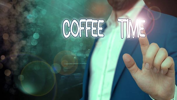 Написання тексту "Час кави". Бізнес-концепція на короткий проміжок часу, в якому ви перестаєте працювати, щоб відпочити
. - Фото, зображення