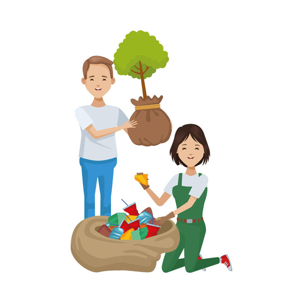 environmentalists couple planting and recycling - Vector, Image