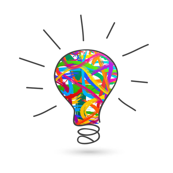 Käsin piirretty värikäs hehkulamppu doodle kanssa siveltimellä aivohalvauksia luova idea ja luovuutta käsite
 - Vektori, kuva