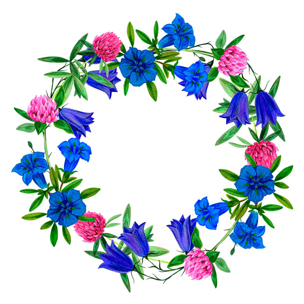 Wild flowers wreath with clover and gentian, hand drawn - Foto, Imagem